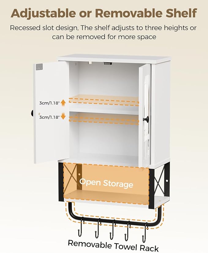 BEWISHOME Medicine Cabinet, Bathroom Wall Cabinet with Mirror, Wall Mounted Over The Toilet Storage Cabinet with Towel Bar and Adjustable Shelf, for Bathroom, 7.1" D x 15.4" W x 24.4" H, White YYG10W