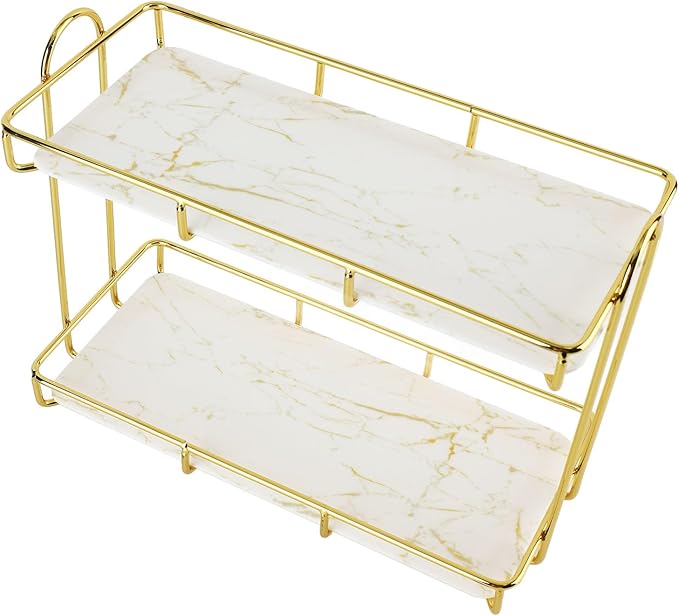 Gold Bathroom Shelf Elegant Gold & White 2 Tier Bathroom Storage Rack - Makeup Shelf with Humanized Design - Anti-Slip Counter Organizer - Sturdy Iron Construction for (Small Size)