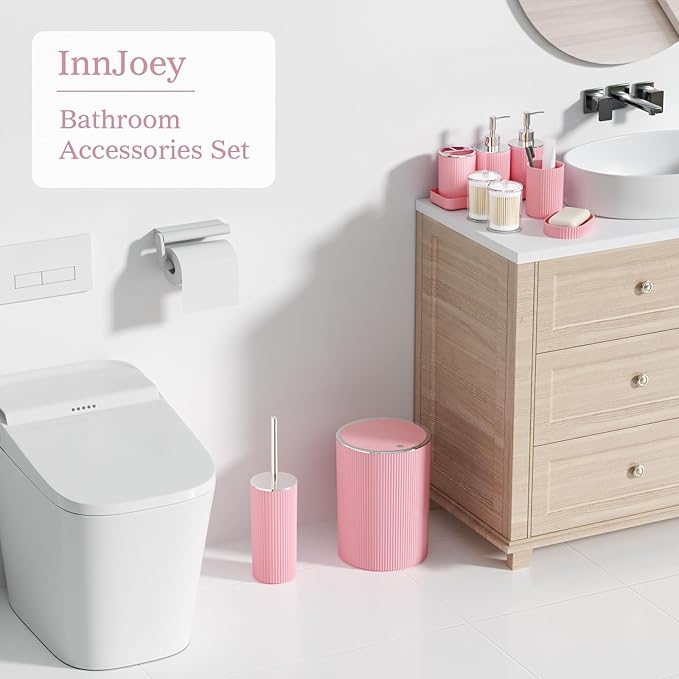Light Pink Bathroom Accessories Set, 10PC Bathroom Set, Bath Accessory with Pop Up Trash Can, Soap Dispenser, Toilet Brush, Toothbrush Set Qtip Holders & Tray