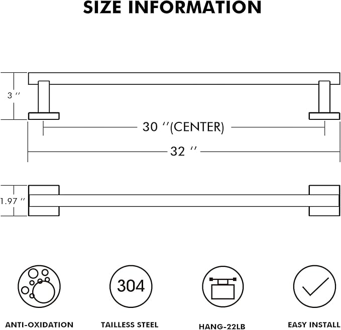 Matte Black Single Towel Bar Rack, 32 Inches Stainless Steel Towel Rod-Square Base, Wall Mounted Towel Holder for Bathroom