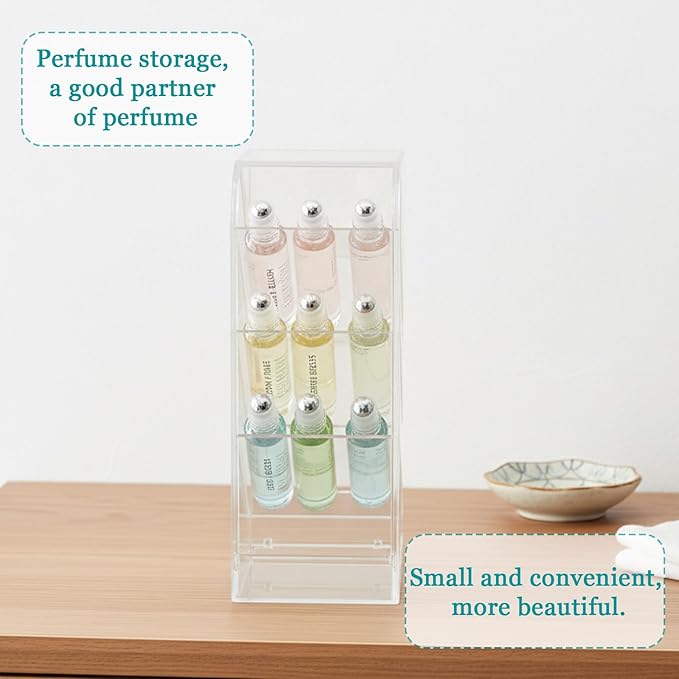 4-Tier Acrylic Rollerball Perfume Organizer, 45° Slanted Perfume Holder, Transparent ScentBird & Travel Size Perfume Sample Storage Case