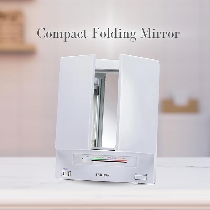 JERDON Tri-Fold Two-Sided Makeup Mirror with Lights - Vanity Mirror with 5X Magnification & Multiple Light Settings - White Base - Model JGL9W