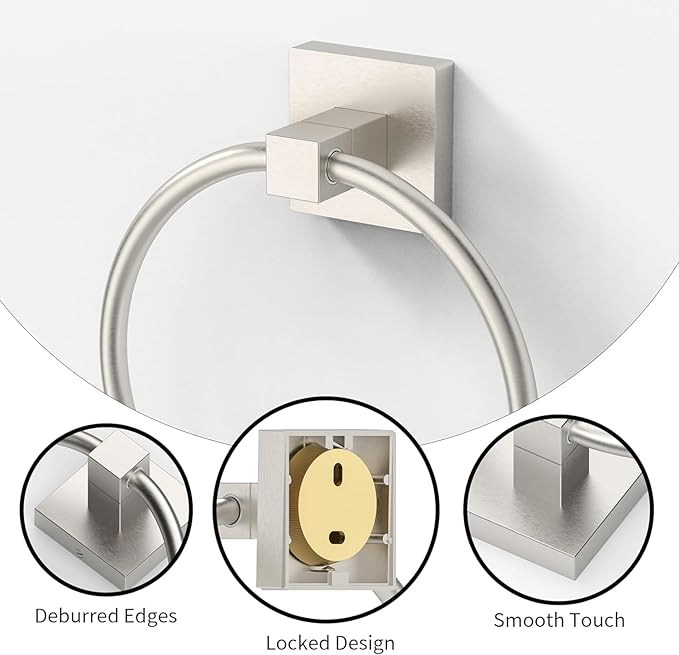 RUACQ Towel Ring for Bathroom, Square Base Hand Towel Holder Hangers Wall Mount, Heavy Duty, Stainless Steel(Brushed Nickel)