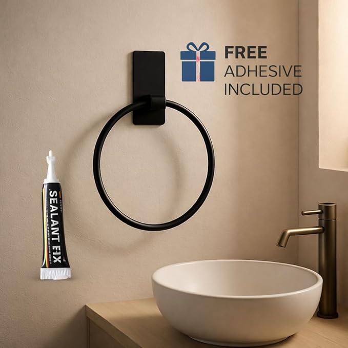 Matte Black Adhesive Towel Ring, No Drill Bathroom Towel Holder, Wall Mounted, Free Adhesive Included