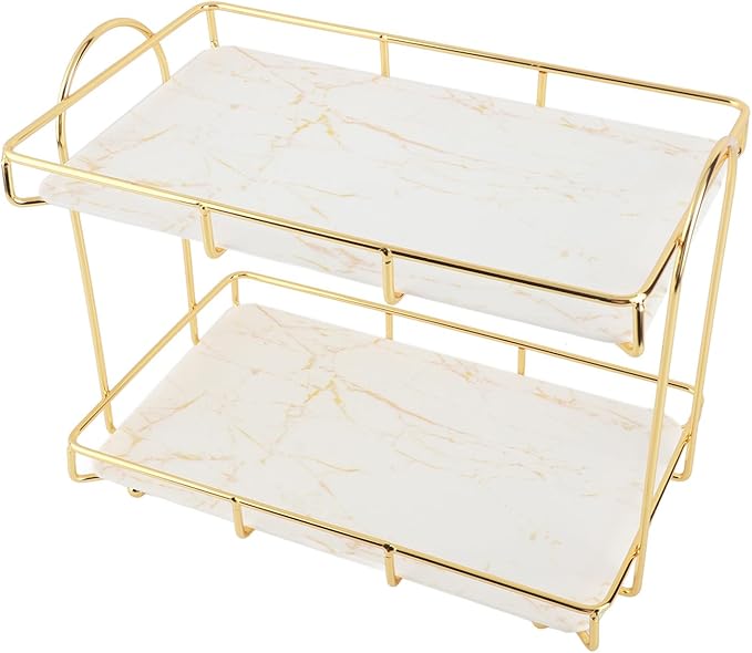Gold Bathroom Shelf Elegant Gold & White 2 Tier Bathroom Storage Rack - Makeup Shelf with Humanized Design - Anti-Slip Counter Organizer - Sturdy Iron Construction for (Large Size)