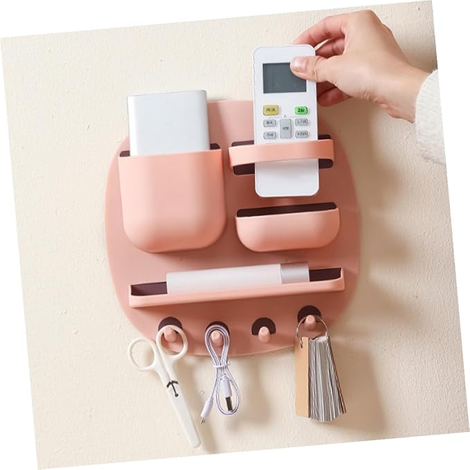 WOONEKY Bathroom Shelf Wall Mounted 3-Compartment Floating Storage Rack with Platform and 4 Hooks, Pink Wall Holder for Bathroom Organizer and Toiletries Storage