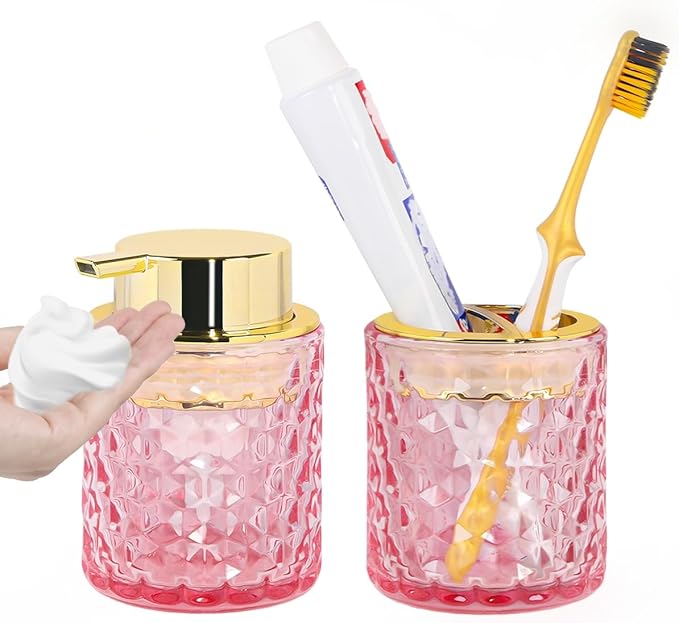 Bathroom Accessories Set 2pcs Glass Foaming Soap Dispenser and Toothbrush Holder for Bathroom Countertop, Pink Glass Bathroom Assessory Set with Gold Decor