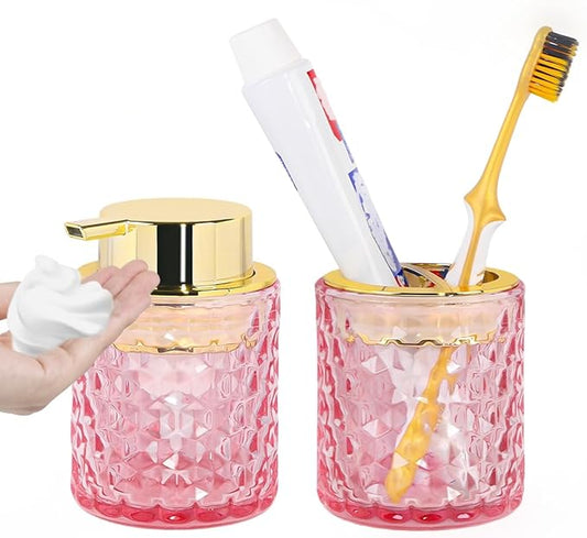 Bathroom Accessories Set 2pcs Glass Foaming Soap Dispenser and Toothbrush Holder for Bathroom Countertop, Pink Glass Bathroom Assessory Set with Gold Decor