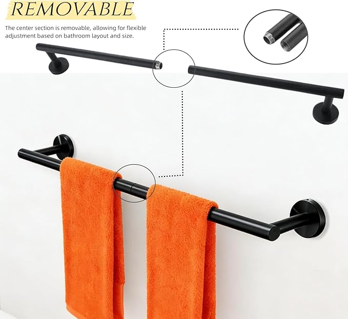 5Pcs Bathroom Hardware Accessories, 24 Inch Matte Black Bath Towel Bar Set, Toilet Paper Holder with Shelf, Stainless Steel Wall Mounted Towel Rack Set, Center Section Removable