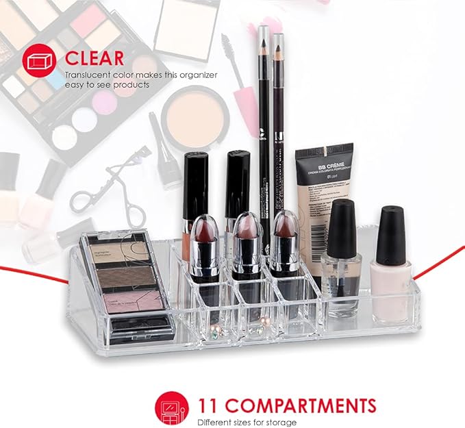 Home Basics Multi-Functional Plastic 11 Compartment Makeup Organizer Nail Polish, Lipstick, Eyeliner, Foundation, Blush, for Vanities, Counter-top, Dressers, Clear