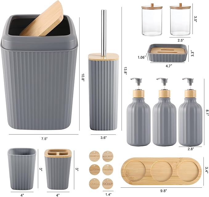 Grey Bathroom Accessories Set 17PCS Bathroom Set with Trash Can 3PCS Lotion Soap Dispenser, Toothbrush Holder, Soap Dish,Tumbler Cup,6PCS Wood Tags Bath Accessories with Tray for Bathroom