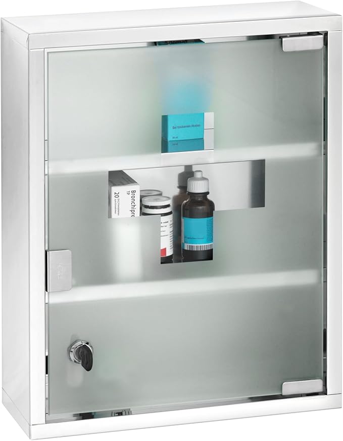 WENKO Medicine Cabinets with Lock, Wall Mounted Over The Toilet Storage Shelves, First Aid Bathroom Wall Cabinet with Safety Glass Door, Medium, 11.8 x 15.7 x 4.7 in, Silver Shiny