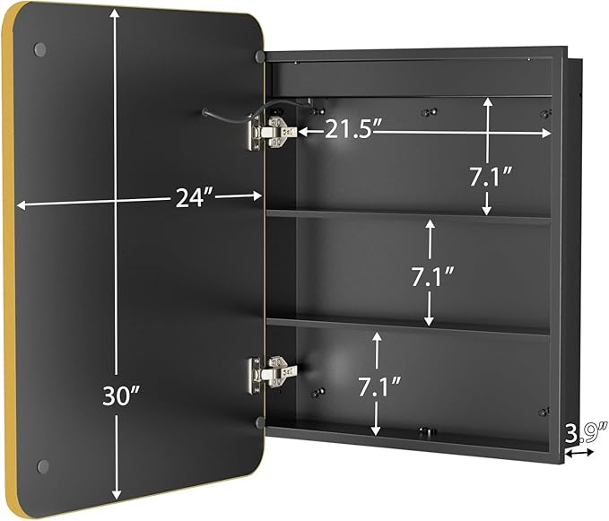 ROOMTEC Lighted Medicine Cabinet with Mirror 24"x30", Wall Mounted Bathroom Mirror with Storage, Single Doors Bathroom Wall Cabinet with LED Lights,Gold