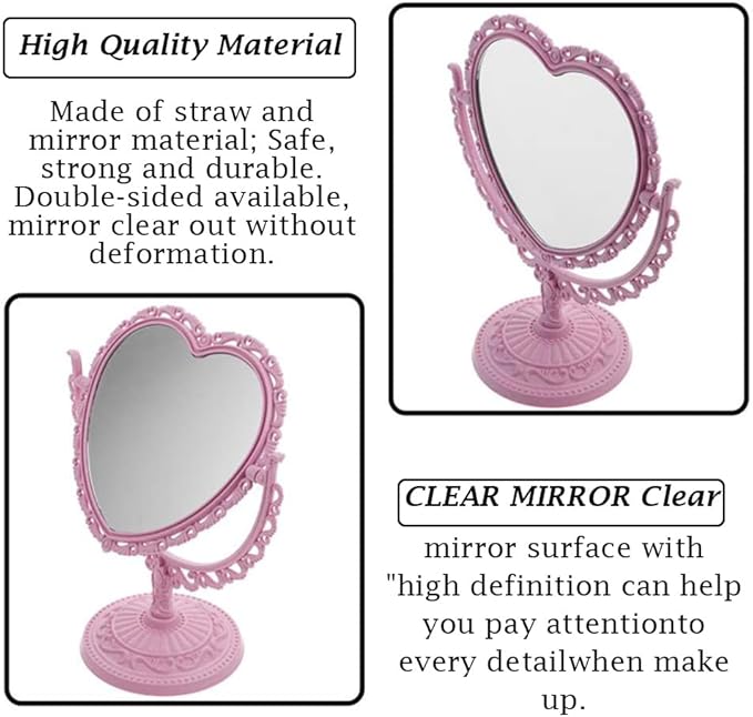 AKOAK Heart-Shaped Cosmetic Mirror - Plastic, Double-Sided, Rotatable, Lightweight - Bathroom & Bedroom Mirror (Pink)