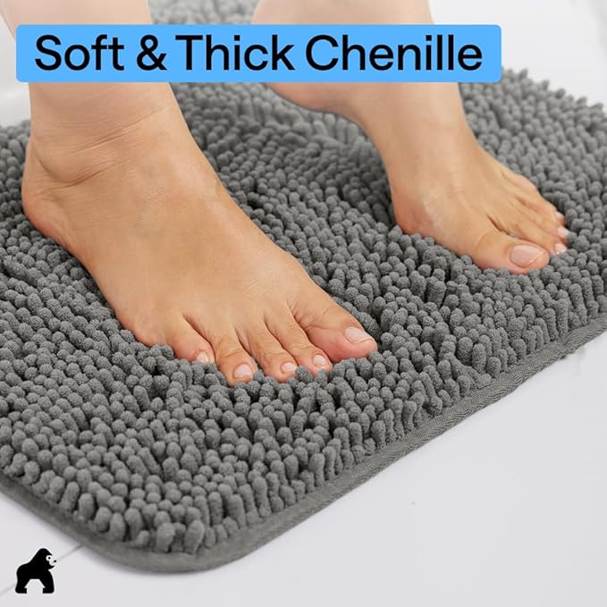 GORILLA GRIP Bath Rug Mat 30x20, Thick Soft Absorbent Chenille, Quick Dry Microfiber Mats, Rubber Backing Washable Shower Floor Rugs, US Designed Bathroom Bathmat Home Decor Accessories, Charcoal