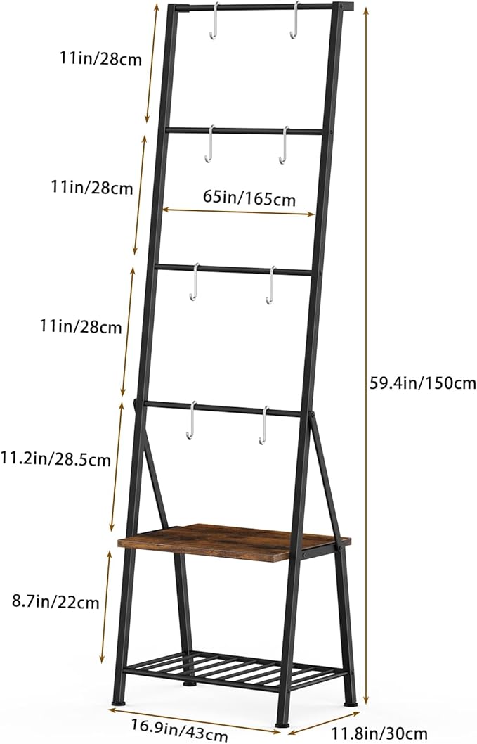 CADUKE Blanket Ladder with Storage Shelf, Blanket Rack with 8 Removable Hooks, Towel Ladder for Bathroom Living Room and Bedroom, Rustic Brown