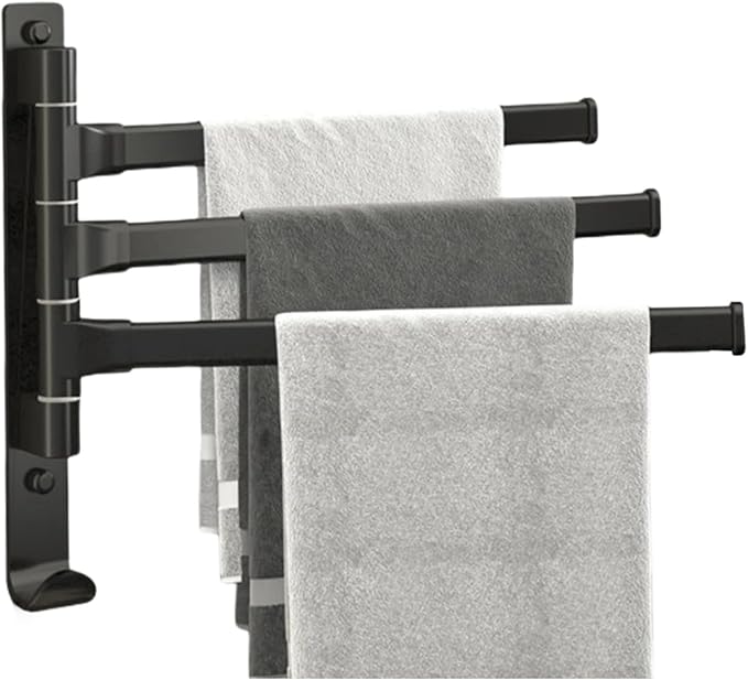 2-5 Arms Swivel Towel Rack Bath Towel Holder with Hook Swing Arm Towel Rack Wall Mount for Bathroom Kitchen-Black 3Arm