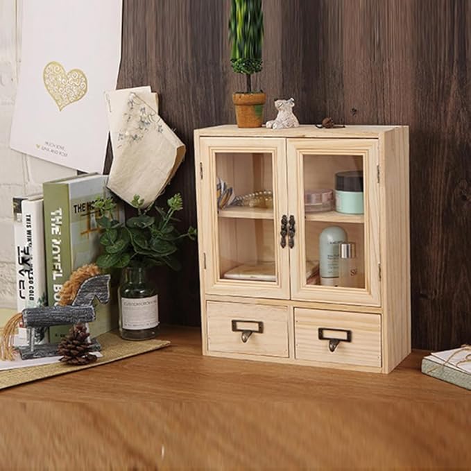 RZGKLSH Countertop Medicine Cabinet - 12.2"x4.7"x14.2"Vintage Cabinet - Pantry Storage - Glass & Wood Storage Cabinets with Doors and Shelves - Floating Shelf (Burlywood)