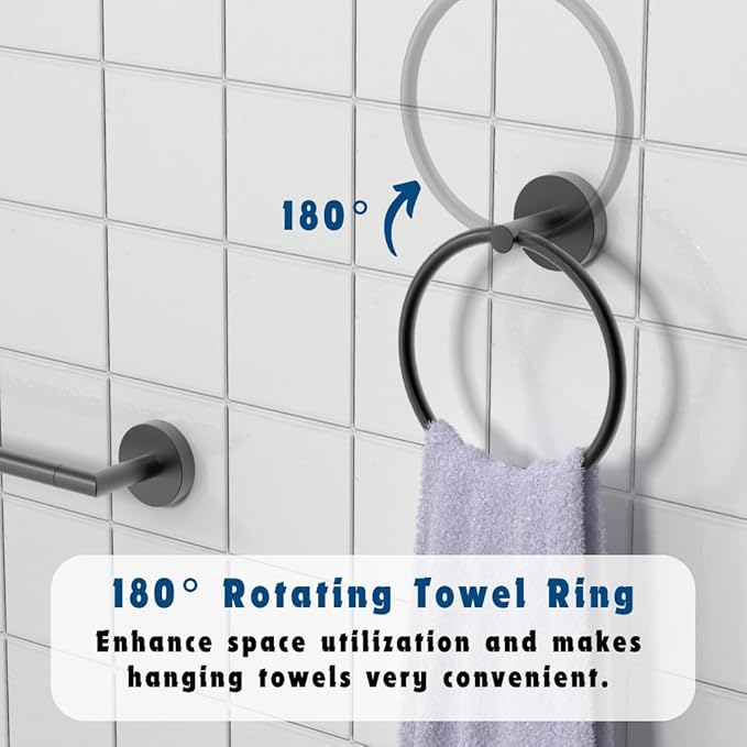 LAKETON Collection, 5-Piece Bathroom Hardware Accessories Set, Towel Ring, Adjustable Expandable Towel Bar, Two Towel and Robe Hook, Toilet Paper Holder, Wall Mounted, Matte Black