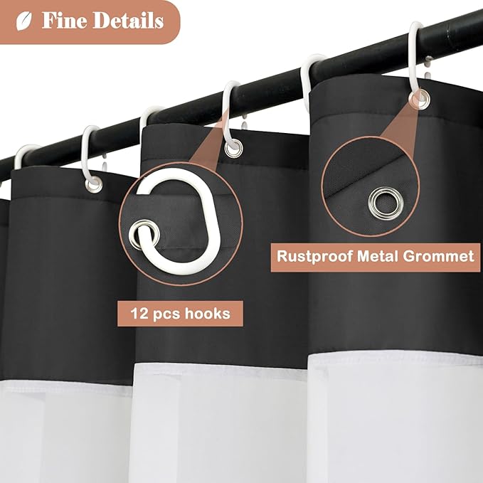 UFRIDAY White Shower Curtain with Light Filtering Window, Extra Long Fabric Shower Curtain Liner Mildew Resistant, 72 x 84 Inch