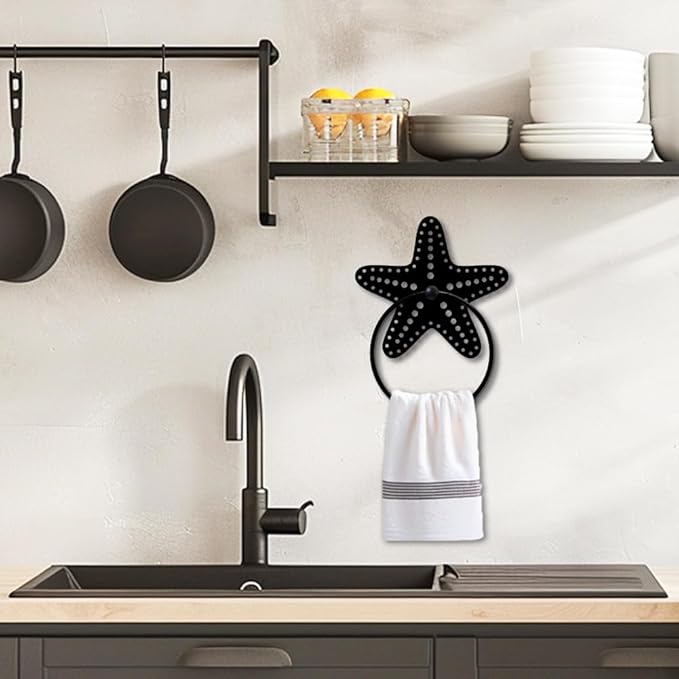 MAYJOYDIY Starfish Metal Towel Ring Summer Ocean Theme Towel Holder Polka Dot Starfish Wall Decor Towel Hanger Black Art Towel Rack Wall Mounted for Bathroom Kitchen Home Decors Gift