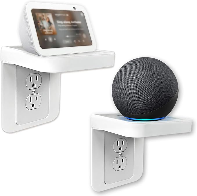 Outlet Shelf with Cord Storage, No-Drill Wall Outlet Shelf for Smart Displays & Devices, Outlet Shelf Mount for Bathroom Kitchen Bedroom, Fits Duplex Outlets (White, 2Pack)