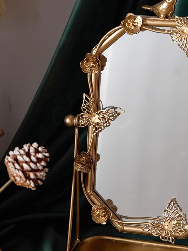HSDDHOME Vintage Gold Tabletop Makeup Mirror, Bird & Butterfly Decorative Vanity Mirror, 12.8” x 8.2” Retro Metal Standing Mirror for Dresser, Bedroom, and Bathroom