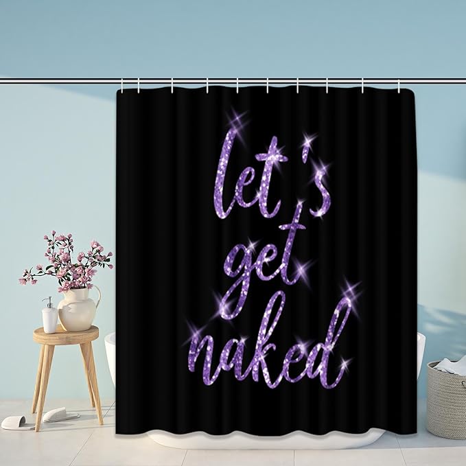 ArtSocket 4PC Purple Let's Get Naked Shower Curtain Sets Gold and Black Bathroom Decor with Rugs, Non-Slip Rug,Toilet Lid Cover, Bath Mat and 12 Hooks 72x72 inches