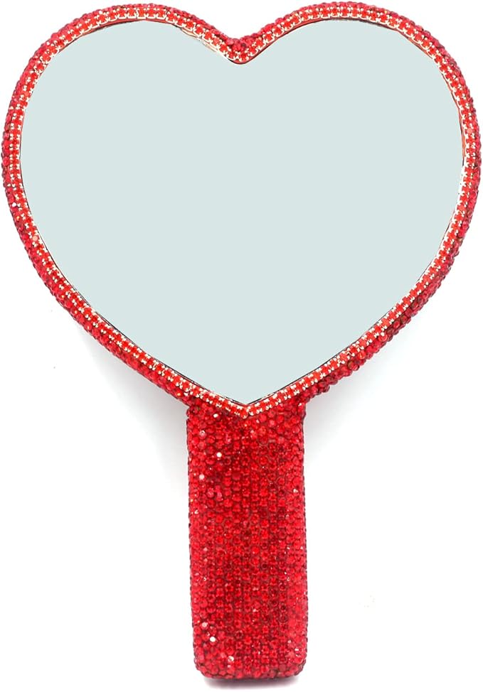 Bling Rhinestone Heart Handheld Mirror - Portable & Dazzling Makeup Mirror for On-The-Go Touch-ups (Plastic red)
