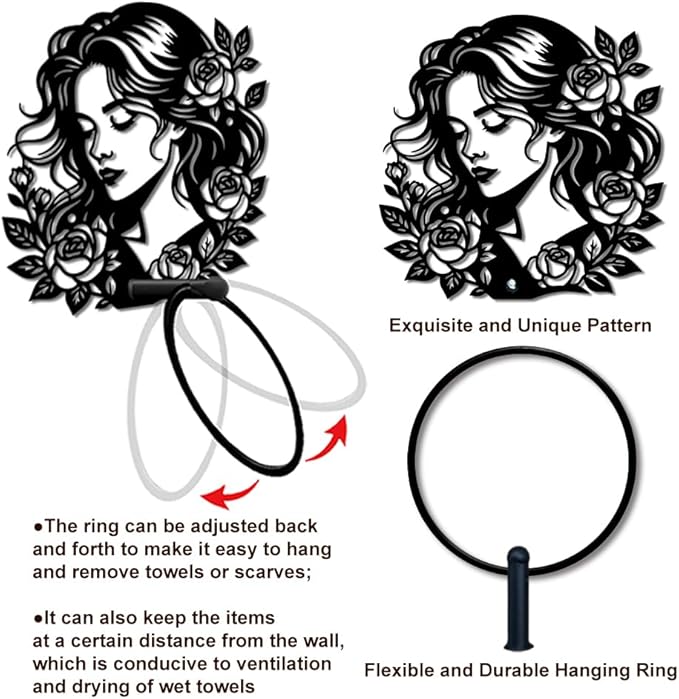 MAYJOYDIY Woman and Flowers Metal Towel Ring, Branch Leaves Black Hand Towel Holder, Romantic Rose Lady Hanging Ring Wall Mounted Bathroom Accessories for Bathroom Kitchen Home Decoration Gift