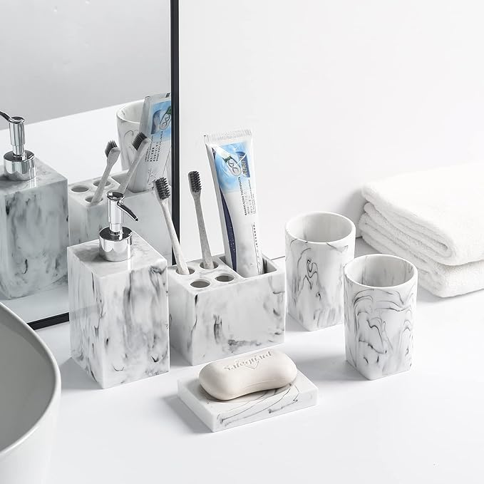 5 Piece Bathroom Accessories Set, Marble Resin Bathroom Vanity Set, Soap Dispenser, Toothbrush Holder, Soap Dish & 2 Tumblers, Bathroom Countertop Organizer Set (Ink White)