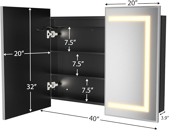 ROOMTEC Lighted Medicine Cabinet with Mirror 40"x32", Wall Mounted Bathroom Mirror with Storage, 2 Doors Bathroom Wall Cabinet with LED Lights,Silver