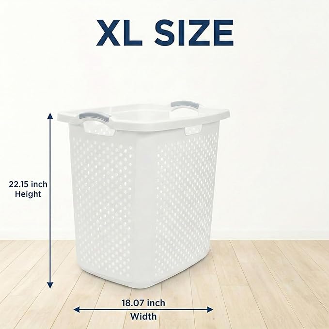Extra Large 2.5 Bushel Plastic Laundry Hamper Basket - Tall Ventilated Clothes Bin with 4-Way Easy-Grip Handles, Heavy Duty Washing Storage for Bedroom, Bathroom, and Dorm Organization, White