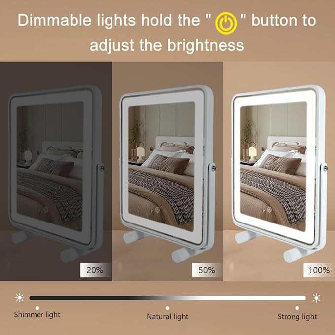 YEKKOPT Makeup Vanity Mirror with Lights,13" Large Hollywood LED Lighted Make up Mirror for Bedroom Tabletop,Three Color Lighting Modes,Smart Touch Control, 360°Rotation