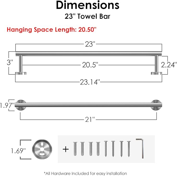 FORIOUS Towel Bar Wall Mounted, Stainless Steel Towel Racks for Bathroom, Includes Wall Mounting Hardware (Stainless Steel, 23 Inch)