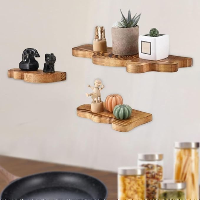 3 Pieces Bathroom Shelves Wall Display Shelves Wood Modern Multipurpose Rustic Cloud Shaped Organizer Stand for Dorm, Dark Brown