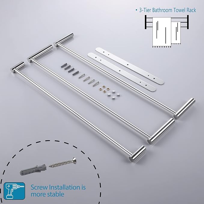 KOKOSIRI Bath Towel Bars Bathroom 3-Tiers Ladder Towel Rails Wall Mounted Towels Shelves Rack Stainless Steel, Polished Chrome, B5002CH-L24