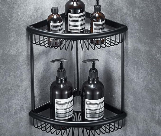 Bathroom Shelves, Wall-Mounted Corner Shelves, Double Triangular Storage Shelves, Black-Double Shelves