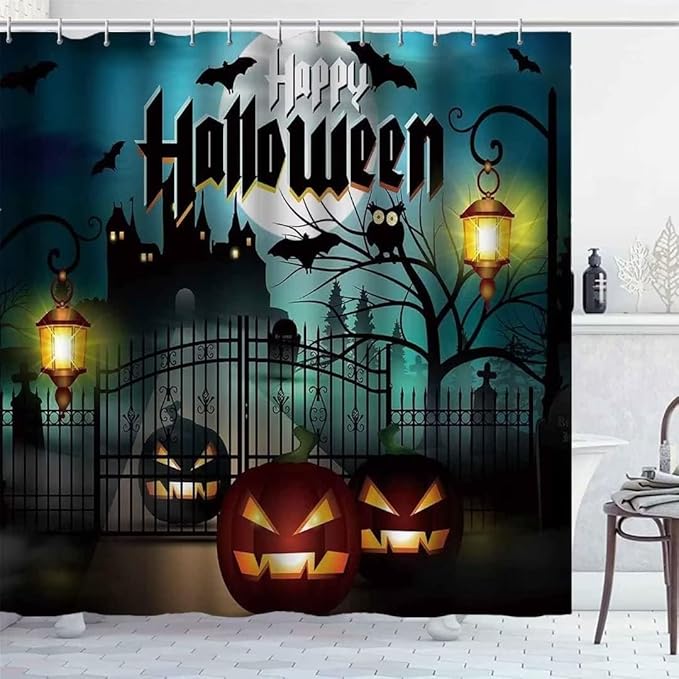 NBVKO Halloween Bats Castle Pumpkin Waterproof Shower Curtain Set,with Non-Slip Rugs,Toilet Lid Cover and Bath Mat,Black Gloomy Bathroom Decor Accessory Set