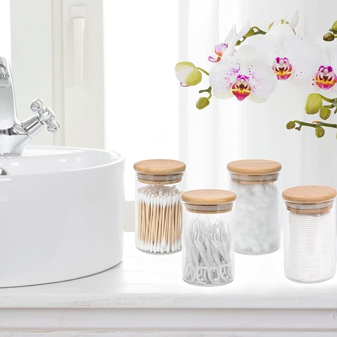 BKYFPQ 4 Pack Glass Qtip Holder Dispenser Set - Apothecary Jars with Lids for Vanity Makeup Organizer - Bathroom Canister Storage Organizer for Cotton Ball, Swab, Round Pads,Floss