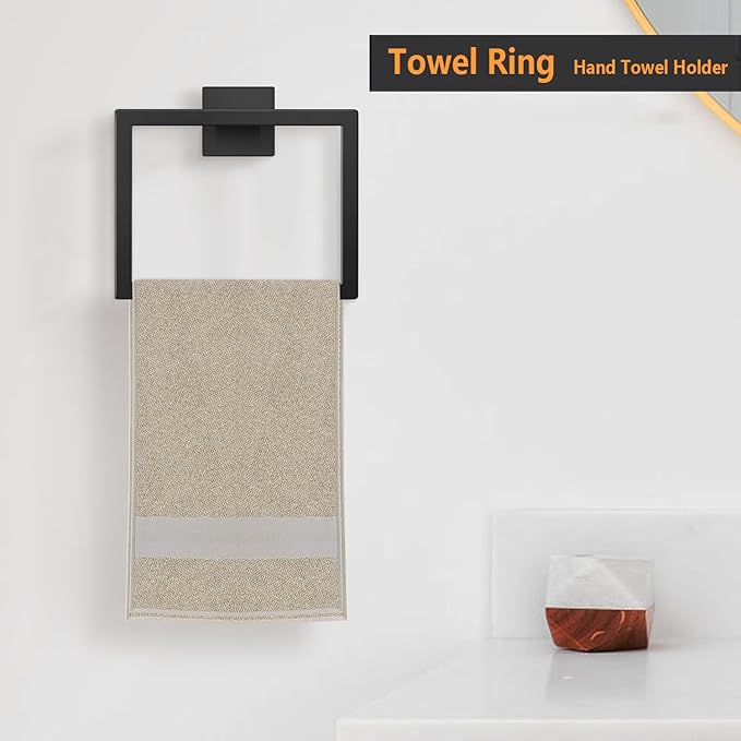 2-Piece Towel Ring - Thicken SUS 304 Stainless Steel Towel Holder, Towel Racks for Bathroom, Square Modern Design Hand Towel Holder, Contemporary Hand Towel Bar - Matte Black