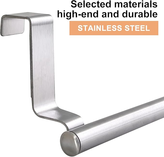 Mziart Over The Door Towel Rack for Bathroom Kitchen, 14 Inch Brushed Stainless Steel Over Cabinet Towel Bar with Hooks, Cupboard Towel Holder, Space-Saving Towel Hanger, Silver