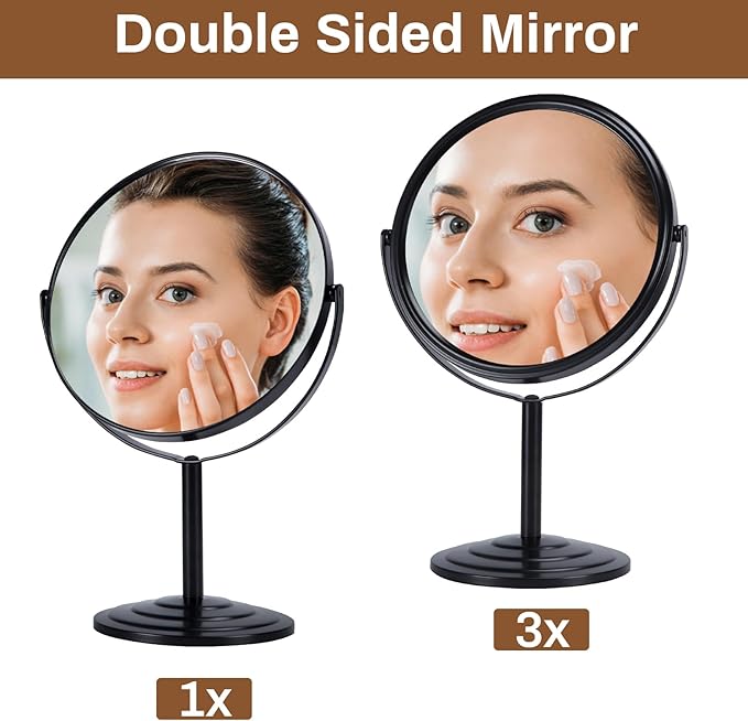 1X 3X Magnifying Makeup Mirror Vanity Mirror for Tabletop Desk, Black Standing Bathroom Cosmetic Mirror, Portable Double Sided Magnification Mirror