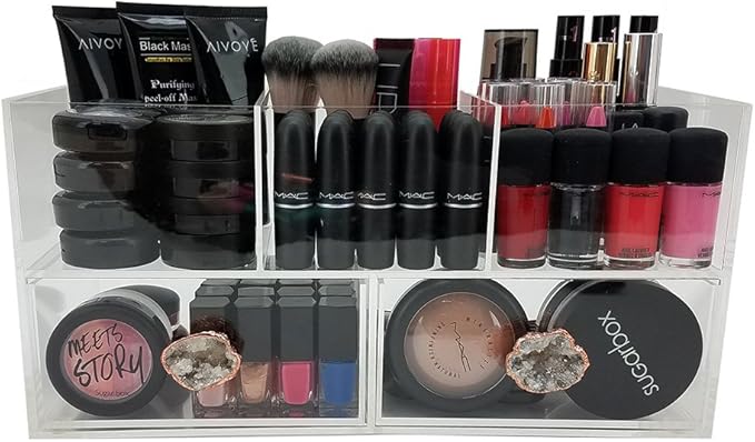 OnDisplay Andrea Deluxe Acrylic Cosmetic/Jewelry Organization Station w/Geode knobs - White/Rose Gold