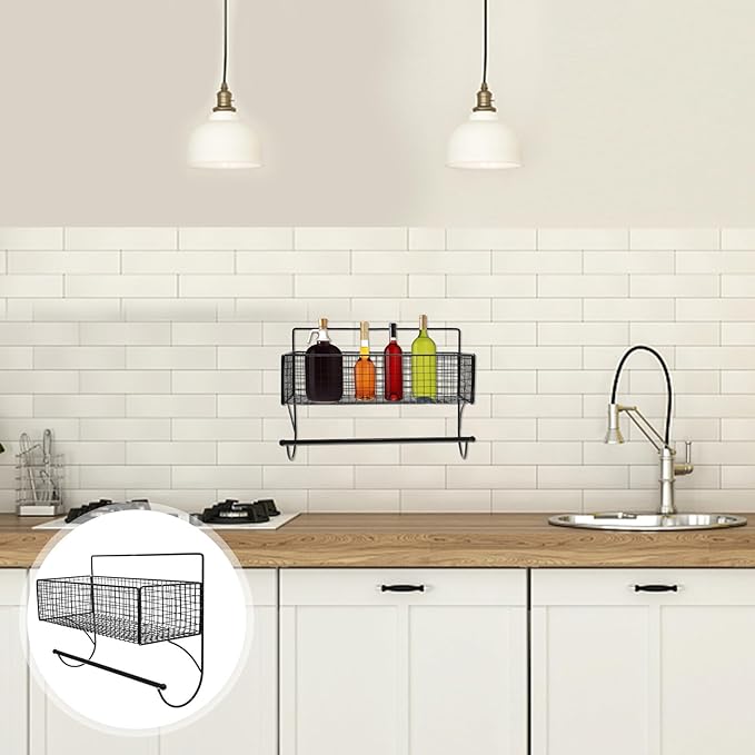 VICASKY Bathroom Hanging Rack Wall-Mounted Iron Storage Shelf with Rod, Punch-Free Bathroom Shelving Organizer for Toiletries and Kitchen Storage