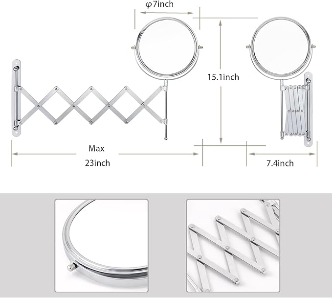Welllink 7Inch Extendable Bathroom Makeup Mirror with Long Adjustable Arm, 1X/3X Magnification, High-Definition Glass, Chrome Finish, Space Saving Screw Mount