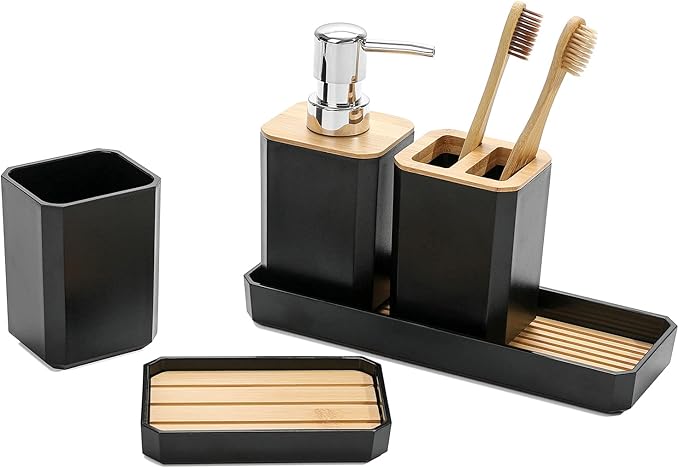 FEILANDUO Bathroom Accessories Set,5 Pcs Bathroom Accessory Gift Set, Soap Dispenser, Soap Dish, Toothbrush Holder, Toothbrush Cup, Vanity Tray, Boho, Modern Bathroom Decor (Black)