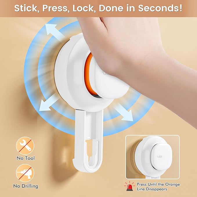 Avolare Suction Cup Towel Bar, Adjustable 24 Inches Adhesive Towel Holder for Bathroom, No Drill Wall Mounted Towel Rack with 5 Sliding Hooks, White Towel Shelf for Kitchen, Toilet, Shower, Door