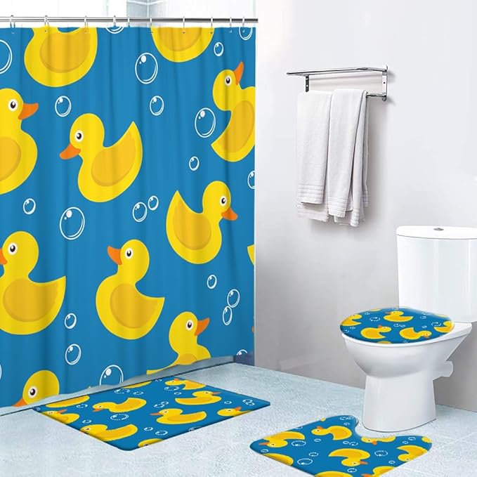 Ansouyi 4Pcs Bathroom Shower Curtain Sets with Non-Slip Rugs, Toilet Lid Cover and Bath Mat, Soap Bubbles Ducks on Blue Durable Waterproof Shower Curtain for Bathroom Set, 72x72 Inch