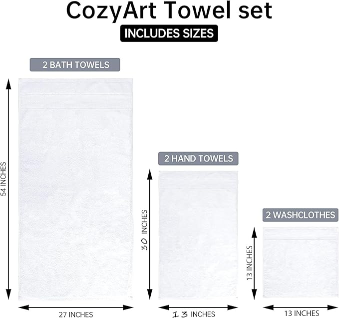 COZYART White Bath Towel Sets, Premium Turkish Cotton Large Towel Set for Bathroom, 650 GSM Luxury Bathroom Sets Pcs with 2 Bath Towels, 2 Hand Towels, 2 Washcloths, Ultra Soft and Water Absorbent
